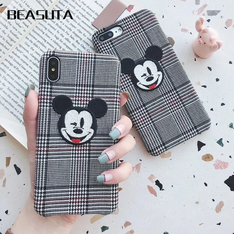 

Cartoon Mickey mouse embroidery Canvas phone Case for iPhone 7Plus 7 8 Plus 6 6s Plus X XR XS MaxCanvas Cloth Leather case capa