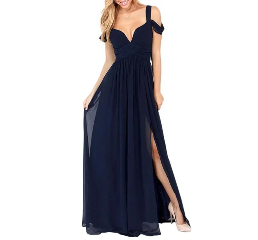 

JOYINPARTY Brand New Summer Floor Length Solid Dinner Sexy long Dress elegant Side Slit V Neck Strap Female Gown Dresses vestido