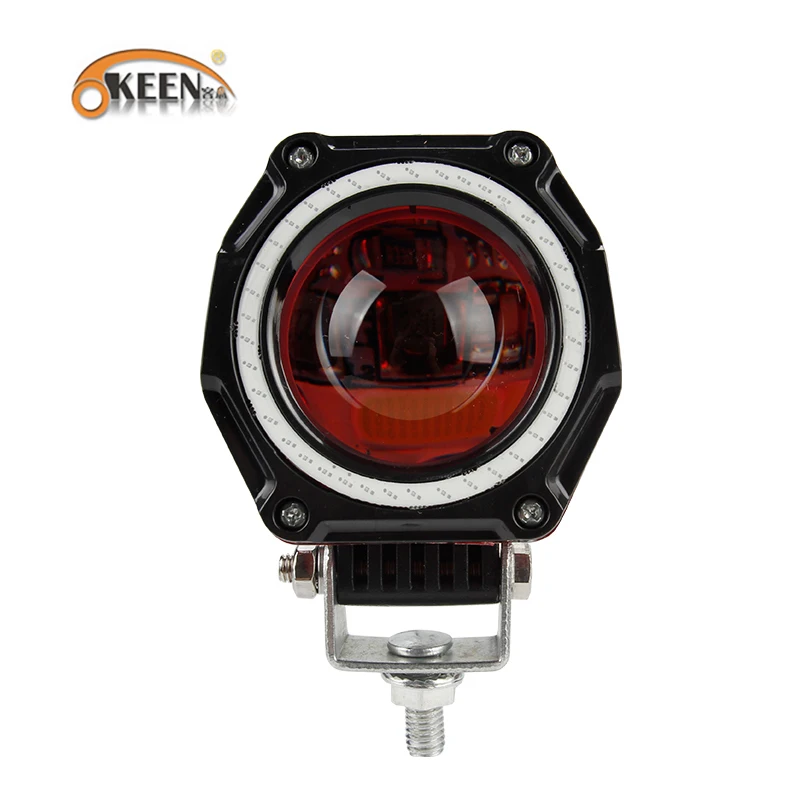 

OKEEN Car 3inch LED Off Raod Lights 12V 24V 15W Work Light Bar 6000K White with Red Angel Eyes Lights Spot Fog Lamp Motorcycle