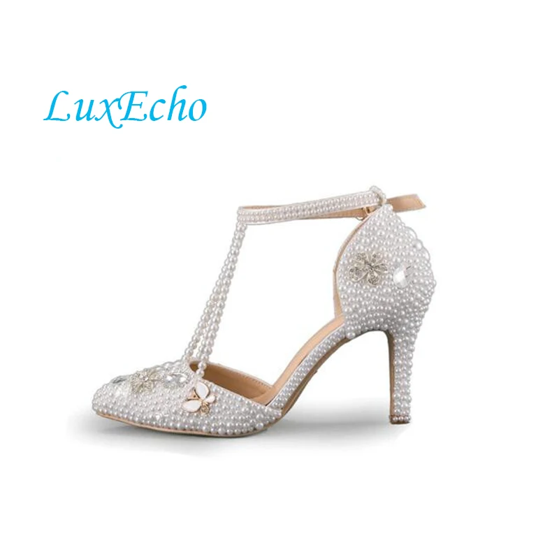 

Summer shoes pearl 8cm heel pointed toe wedding shoes bride ankle strap party Dress shoes Summer woman sandals big size