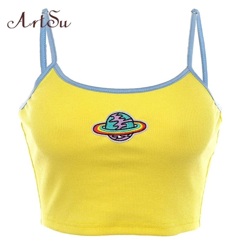 

ArtSu Planet Embroidery Yellow Top Camis Sleeveless Womens Crop Tops Spaghetti Strap Knitted Top Cami Streetwear ASVE20659