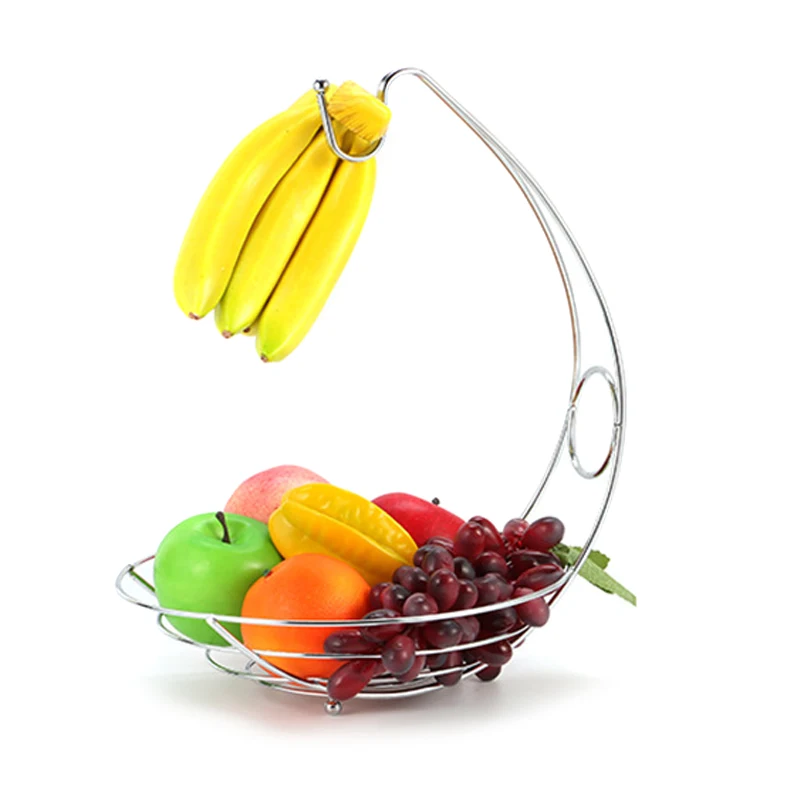 

2 in 1 Banana Hanger Fruit Bowl Iron Holder Storage Basket Stand Hook Kitchen Storage LE66