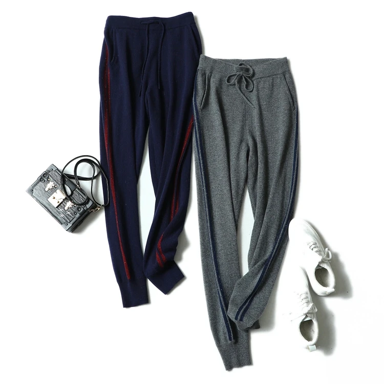 

pure cashmere clips knit women fashion casual sprts harem pants full length trousers elastic waist patchwork color striped M/L