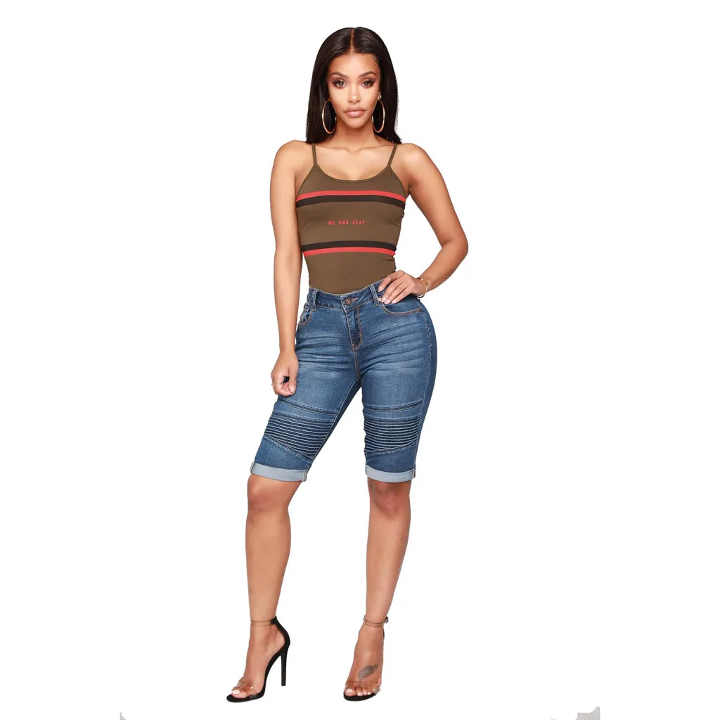 

summer sexy short Jeans Women High Waist Skinny Pencil Denim Pants ripped hole cropped Stretch Jeans knee length shorts Apr17