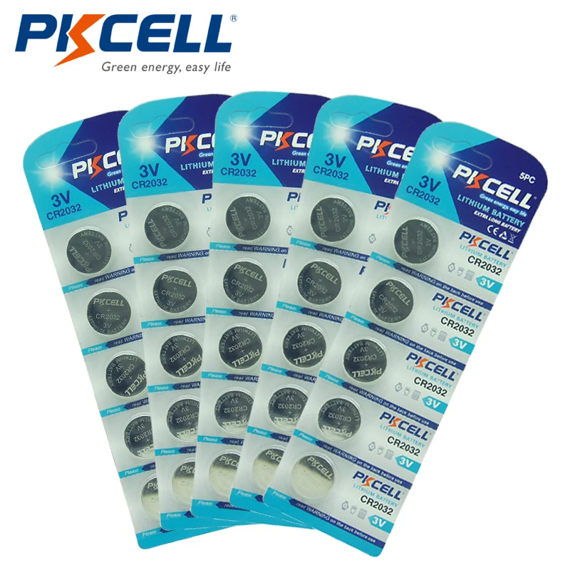 

PKCELL 25Pcs 5Packs CR2032 3V Lithium Button Coin Cell Battery ECR2032 DL2032 L14 5004LC