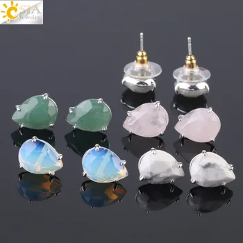 CSJA Water Drop Shape Stud Earrings Silver Color Natural Stone Faceted Pink Quartz Crystal Tiger Eye Healing Jewelry Female G035