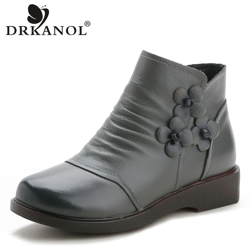 

DRKANOL 2019 Autumn Winter Warm Women Snow Boots Flats Ankle Boots For Women Genuine Leather Non Slip Waterproof Cotton Shoes