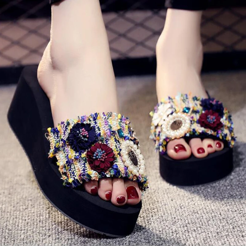 Sandalias de plataforma de verano para mujer con borlas y pedrería con  pedrería y perlas sandalias para mujer|Zapatillas| - AliExpress