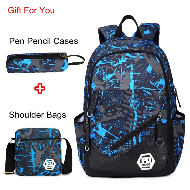 

FengDong School Bags Backpack For Teenagers Pencil Case Blue Book Bag One Shoulder Schoolbag Waterproof Oxford Fabric JJ056