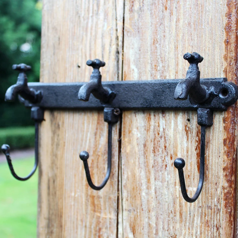 

European Vintage Cast Iron Water Faucet Shaped Wall Mounted Decor Hook with Three Hangers