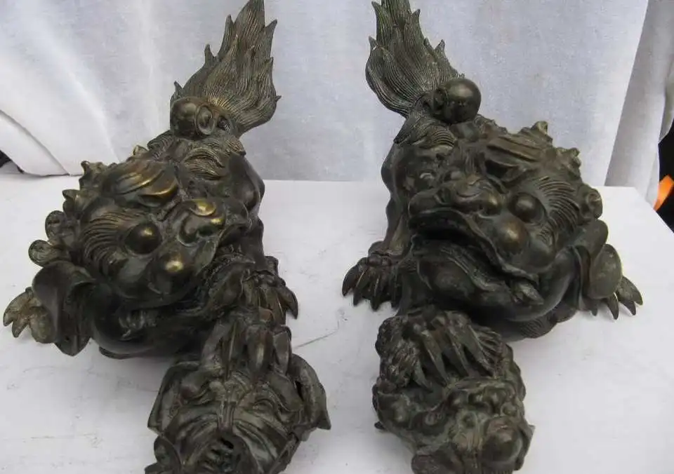 

Chinese classic 100% bronze regius palace Foo Fu Dog lion beast play bead pair