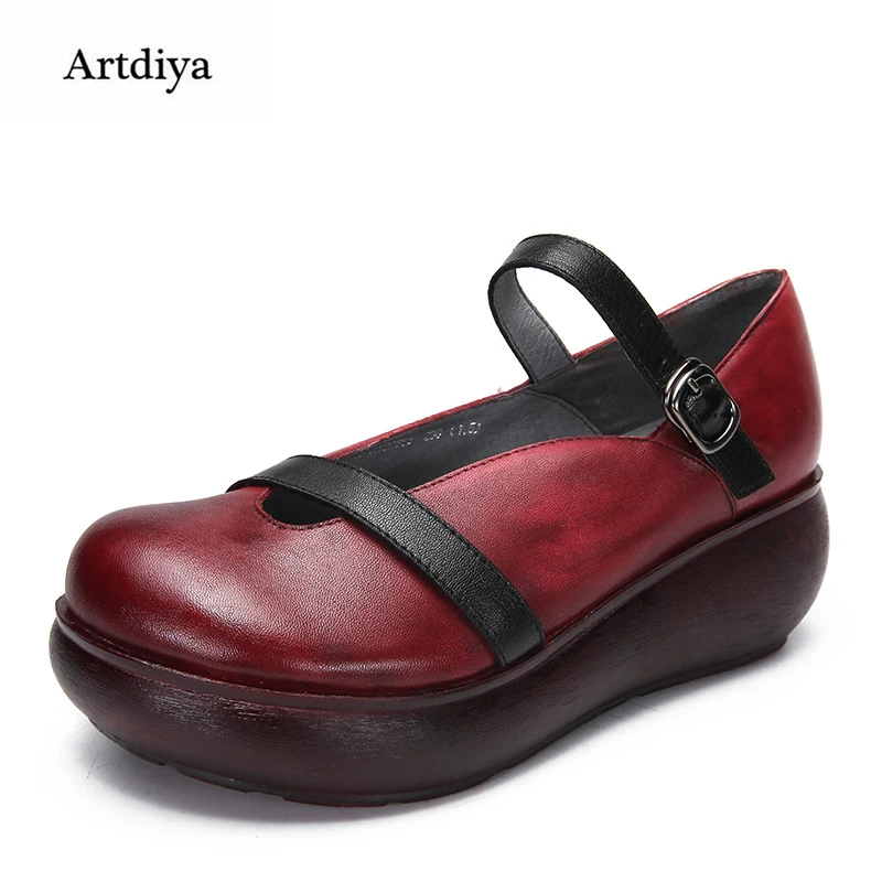

Artdiya 2018 Spring New Retro Thick Sole Women Shoes Buckle Genuine Leather Handmade Wedges Heels Shoes 2331-1
