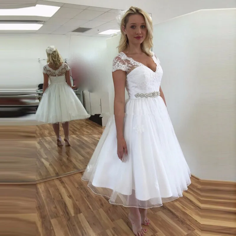 

V-neck Knee Length Short Wedding Dresses 2016 with Cap Sleeve Lace Wedding Dress With Crystal Beaded Sash Casamento