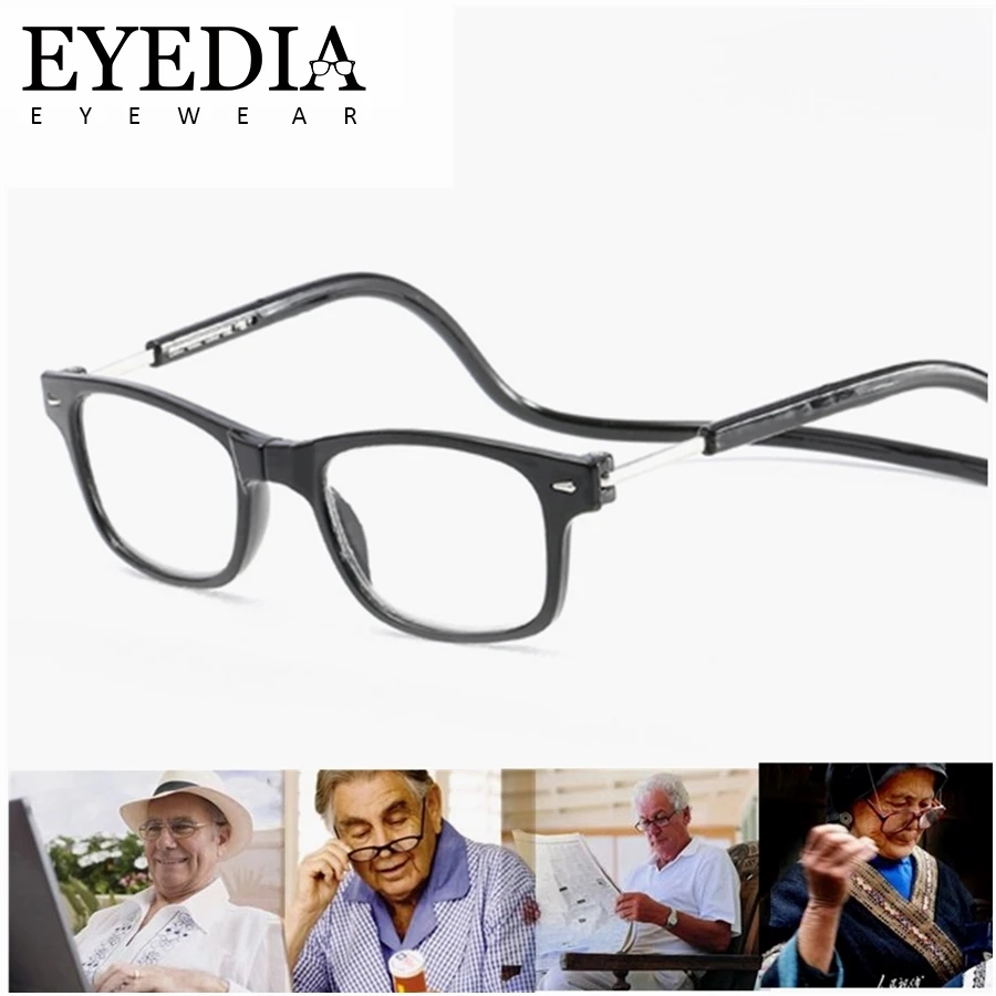 

2018 High Quality Black Blue Red Magnetic Frames Reading Glasses With Adjustable Temples Hang Neck Type For The Aged L055