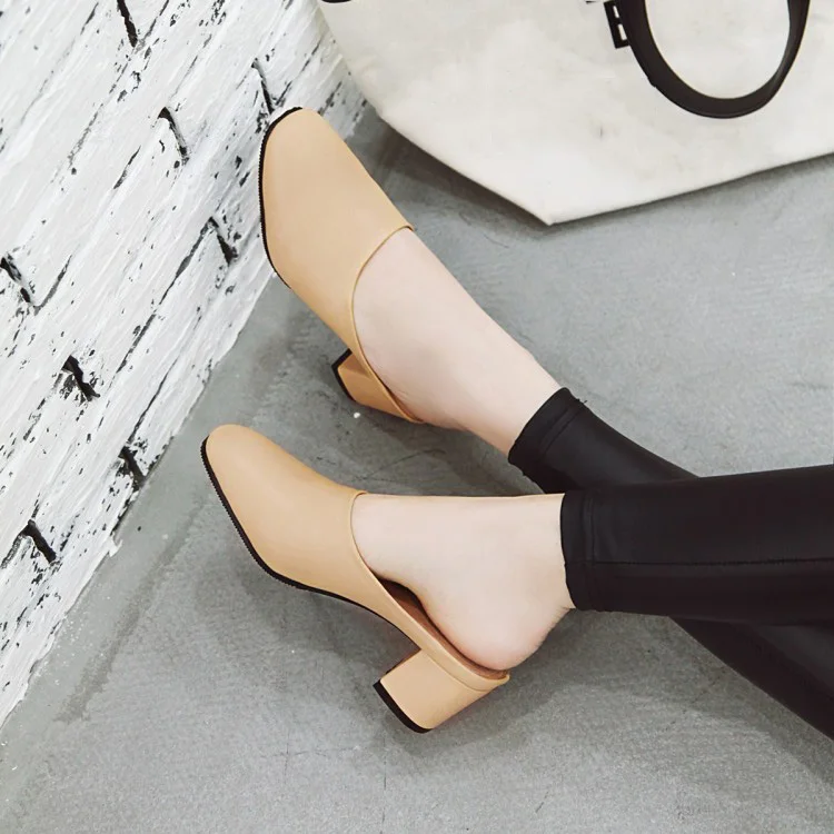XianYiDuo 2019 Новая Летняя женская обувь тапочки средний каблук плюс размер 40-48 закрытый носок бежевый белый горки для улицы/756-10