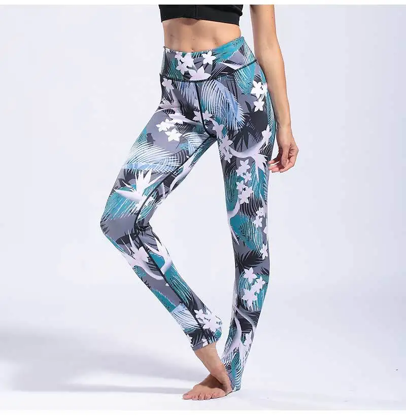 Women's Yoga Pants Side Pocket Ankle Length Pants Stretch Fitness Gym Tights Pants Flower Printed8