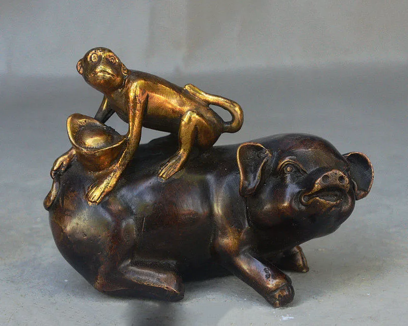 

5" China FengShui Bronze Gilt Auspicious Wealth Zodiac Monkey Ride Pig Statue