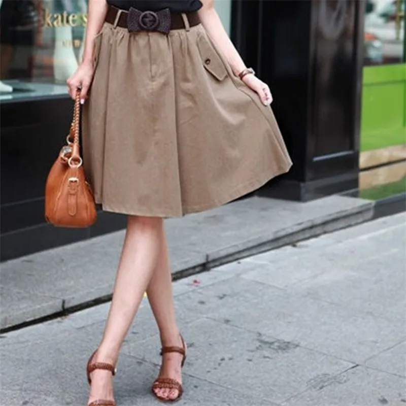 Spring Summer Vintage Bust Skirt Girls Student All Match Brief High Waist Knee-Length Pockets A-Line Pleated Skirt Women Casual Skirts