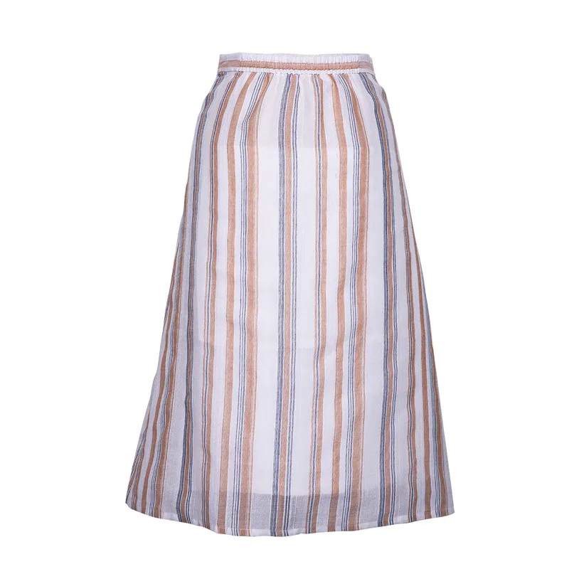 Women Casual Striped Long Skirt Female Elastic High Waist A-Line 100% Cotton Summer Skirts Women's Elegant Wrap Skirt Talever Skirts