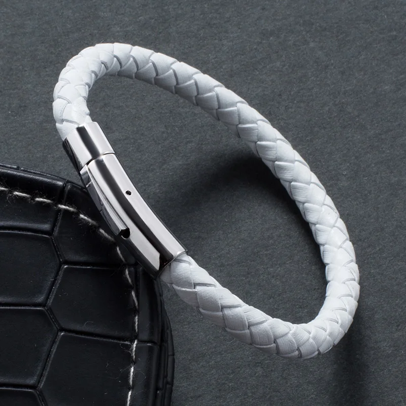 Buy Simple Style White Braided Leather Bracelet Men Women Jewelry Stainless