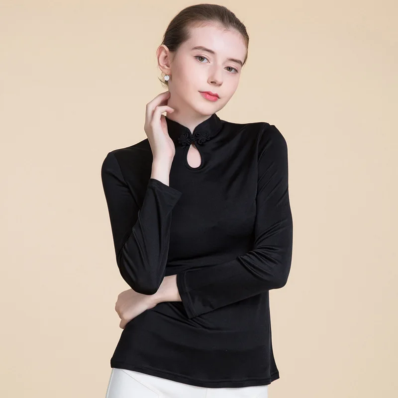 Женские футболки из чистого шелка с длинным рукавом, повседневные футболки с воротником-стойкой, женские топы, одноцветные женские футболки в китайском стиле - Цвет: Черный