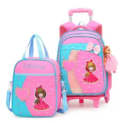 Милые 2 шт. наборы для ухода за кожей рюкзак-тележка для школы школьная сумка девочек школьная 2/6 колёса принцесса колесных чемодан рюкзаки