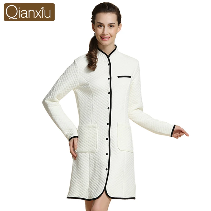 Qianxiu Cotton Bathrobe for Women Knitted Full sleeve homewear Knee-length Robe