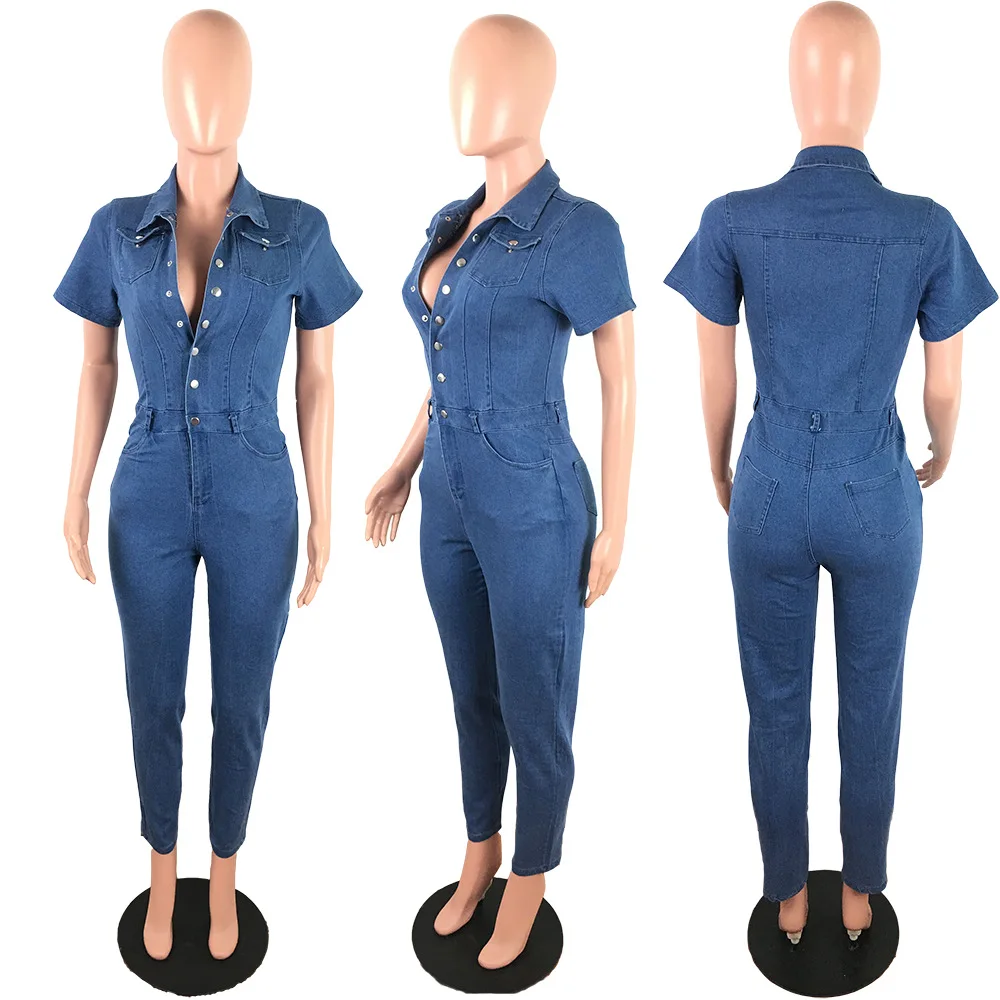 QILI синие джинсовые комбинезоны для женщин с коротким рукавом и отложным воротником комбинезоны с пуговицами повседневные Комбинезоны