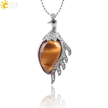 

CSJA New Arrival Jewellery Tiger Eye Natural Stone Pendant Necklaces for Women CZ Clear Crystal Beads Peacock Bird Necklace E902