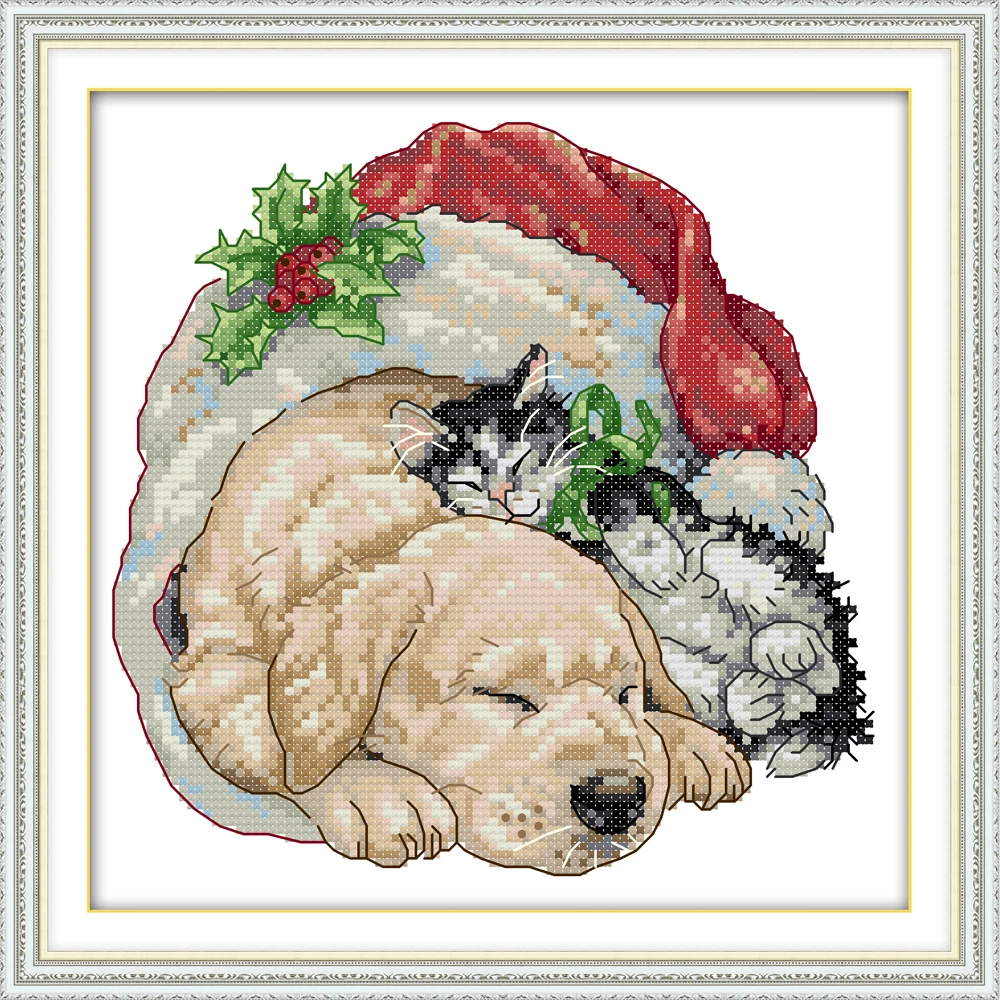 Рождество Кот и собака Счетный напечатанный на холсте DMC 11CT 14CT DIY наборы вышивки крестиком рукоделие Наборы handmad