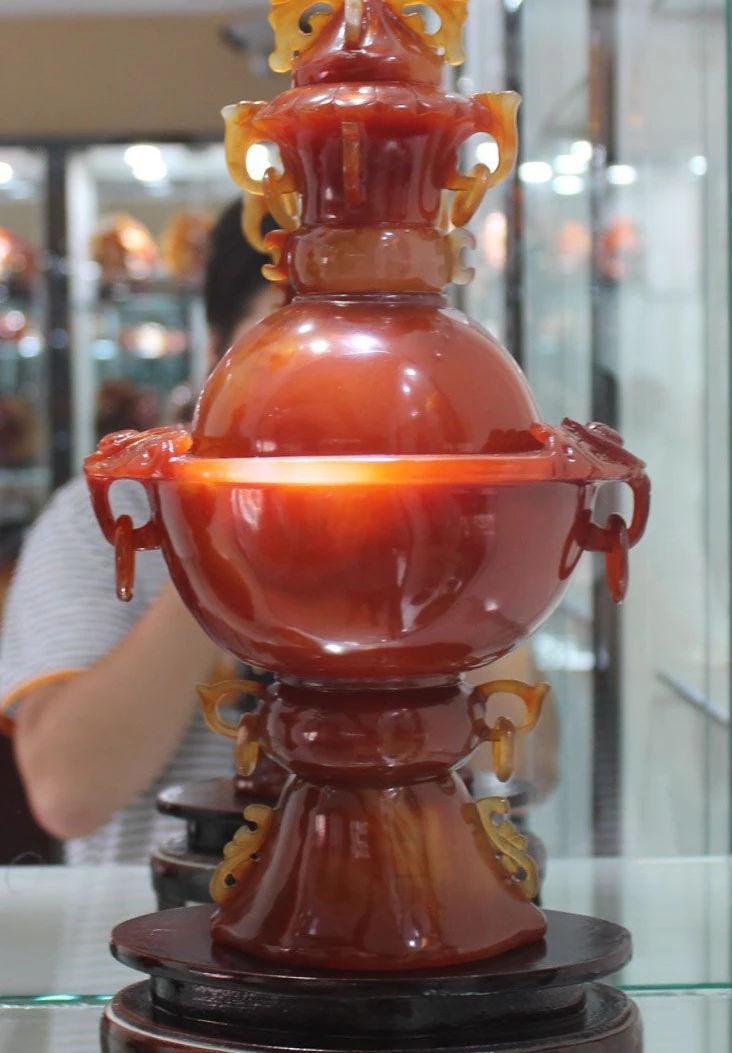 

China Rare Natural 100% Red Agate Onyx Beast Handle Round Incense Burner Censer