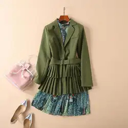 Новый дизайнерский подиумный стиль плюс размер платья костюмы Зеленый Блейзер с цветочным принтом платье High Street Тонкий комплект из двух