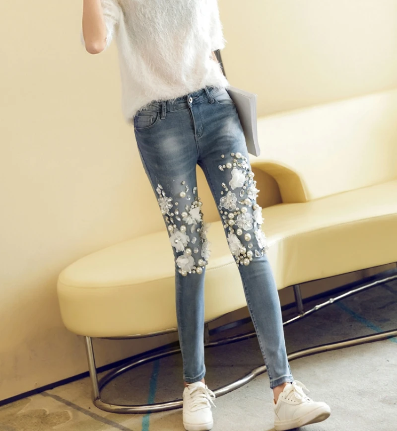 Новинка 2019 года брюки-клеш с вышивкой джинсы для женщин женские модные ботильоны длина брюки девочек Роскошные Diamond узкие джинсы-стрейч