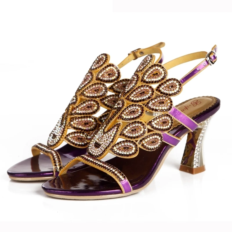

Beautiful Purple Rhinestone Women Sandals Chunky Heel 3 Inches Comfortable Wedding Bridal Shoes Mother of the Bride Shoes