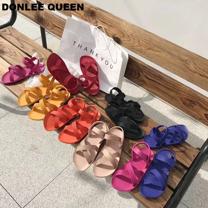 

19 New Summer Women Sandals Korean Candy Color Beach Sandal Gladiator Peep Toe Slip On Flat Casual Shoe Soft Jelly Sandals Mujer