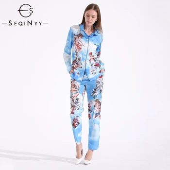 

SEQINYY Printed Two-Piece Suit Flowers Angels 2018 Early Autumn Women's New Fashion Pajamas Shirt + Long Pants Blue Pants Set