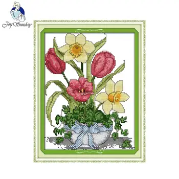 

Joy Sunday Flower Style Spring flower vase stamped or counted fabric cross stitch patterns kit for needle craft