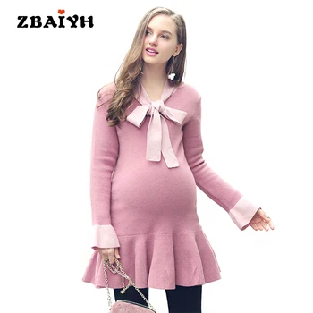 

Maternity Dress for Pregnant Women Elegant Bow Tie Knitted Dress Elastic Flounced Sweater Dress Autumn Winter Maternity Clothes