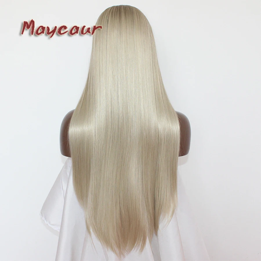 Maycaur волосы средней части длинные прямые волосы кружева парики Glueless Омбре коричневый до блонд цвет синтетические кружева передние парики для женщин
