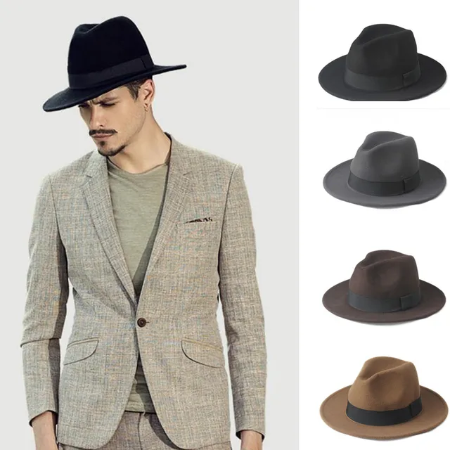 Fashion 100 Wool Wide Brim Winter Autumn Men Felt Trilby Fedora Hat