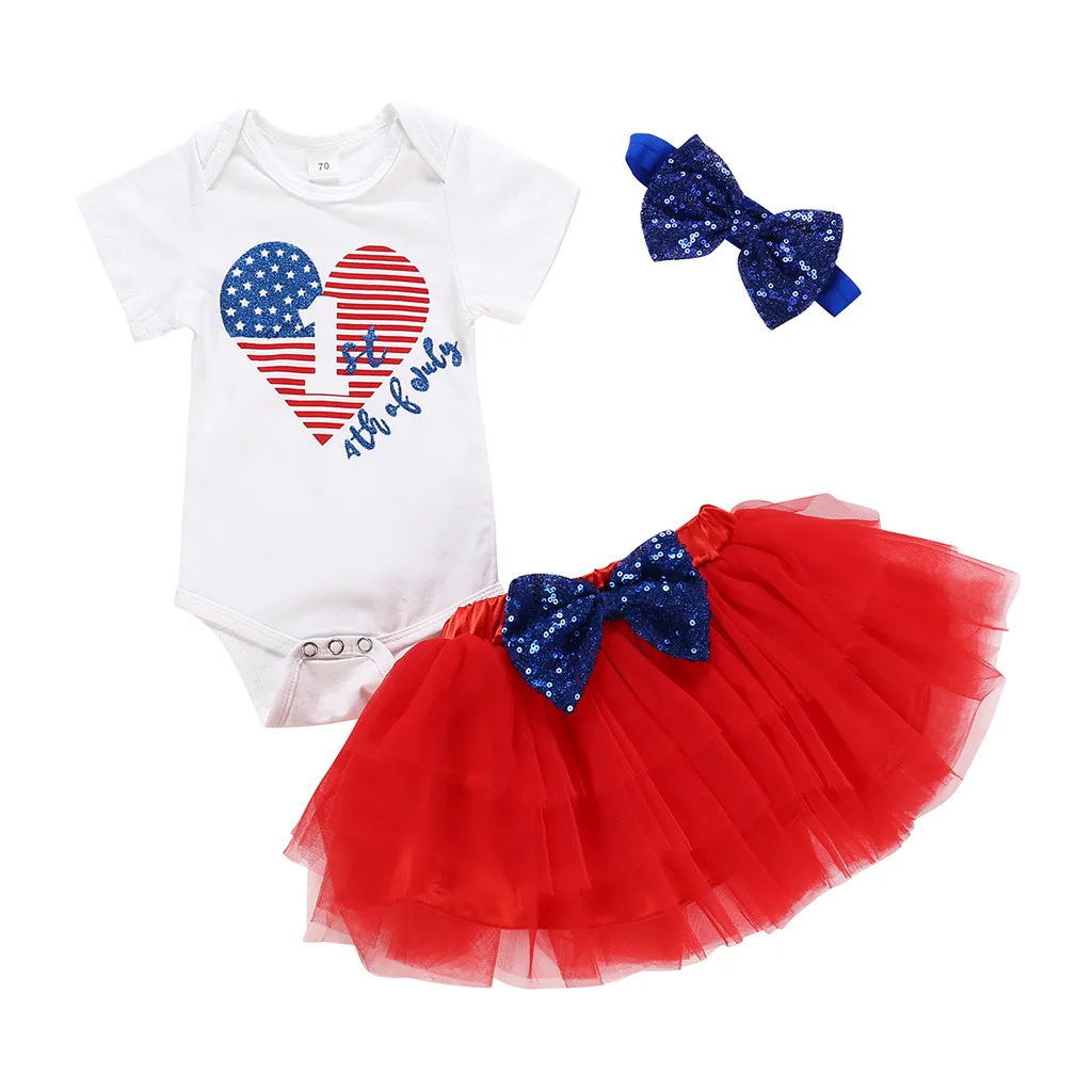 

MUQGEW Children Clothes Baby Girl Clothes Summer Baby Girls Letter Romper Tops Tulle Sequin HairBand Bow Outfit 4th Of July ropa