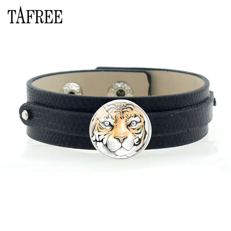 TAFREE Ручной работы 18 мм Стекло изображение Cabochon животных Тигр браслет мужской черный pu кожаный, с кнопкой браслеты ювелирные изделия CN457 - Окраска металла: CN501 13
