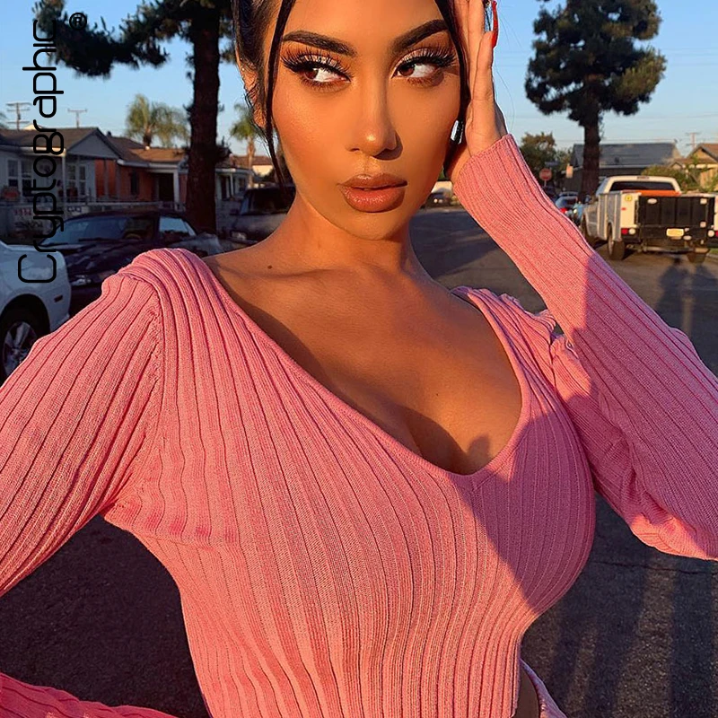 

Cryptographic Autumn Sexy V-Neck Ribbed Long Sleeve T Shirts Women Off Shoulder Basic Top Tees Slim Fashion Backless Crop Tops