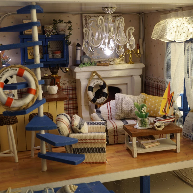 TuKIIE DIY Doll House Miniature Dollhouse With Furnitures 3D Wooden Handmade Toys Gift For Children Aegean Sea A029 #E