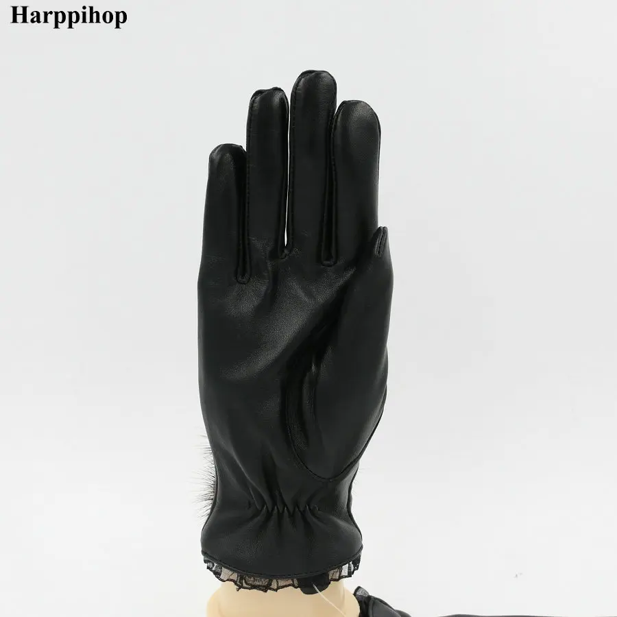 Harppihop зимние перчатки из натуральной кожи для женщин перчатки из овчины новое поступление Модная норка теплые варежки