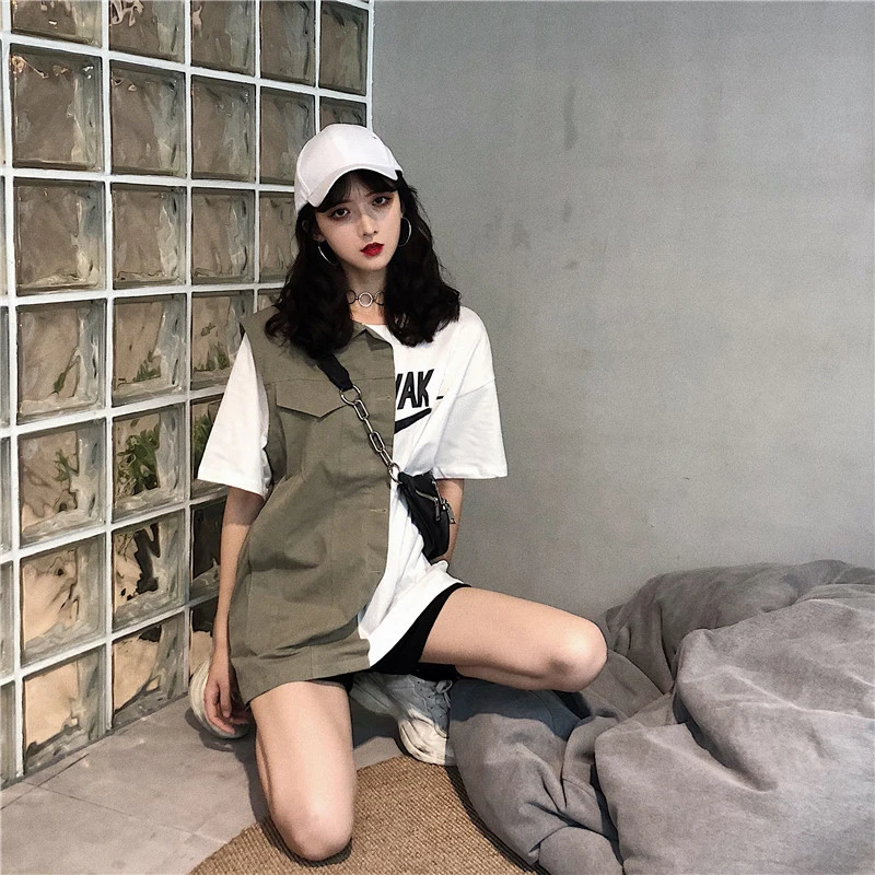 Woherb летняя Harajuku футболка Женская Корейская уличная 2020 Лоскутная рубашка
