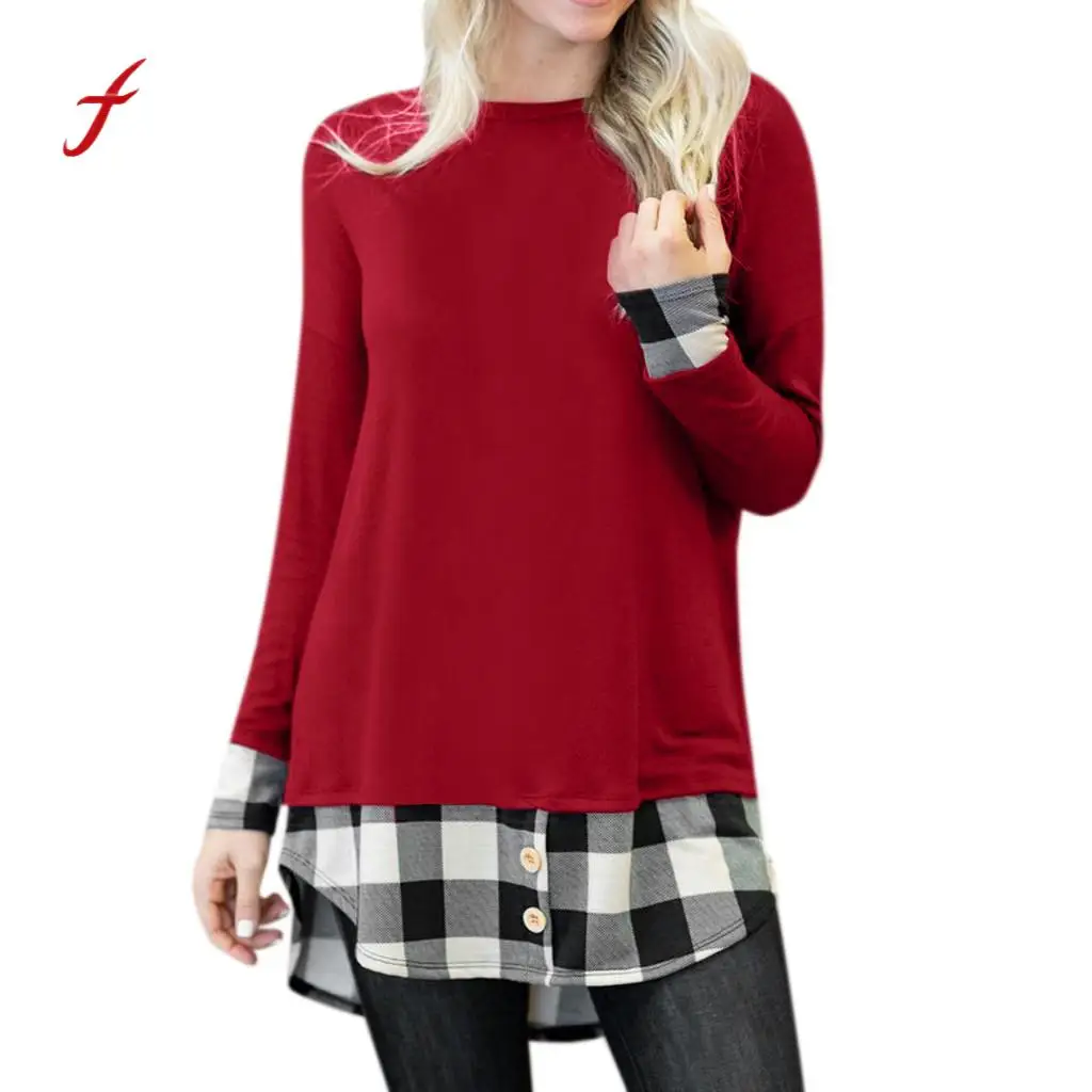 

Feitong Tops Women Lady Fashion Soild Button Top Plaid Splice Long Sleeve Tunic Shirt Blouse Casual O-neck Clothing Shirts 2019