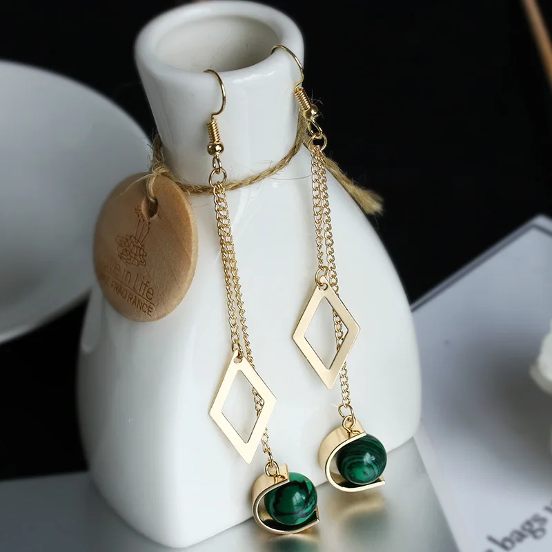 Natural Green Stone Long Tassel Hollow Drop Earrings Gold Color