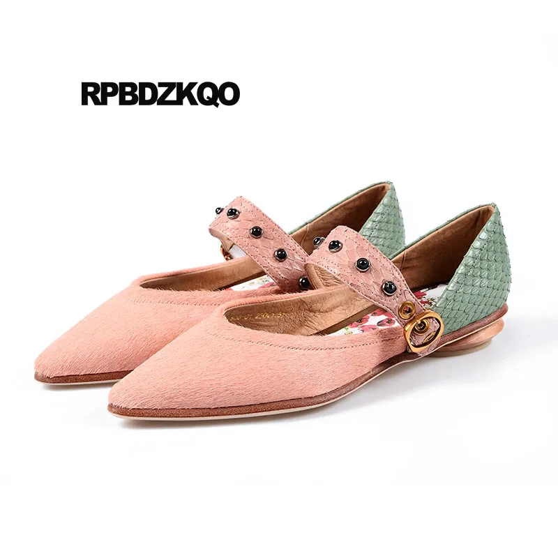 

Pink British Style Slip On Chinese Flats China Mary Jane Designer Women Dress Shoes Suede Size 34 Snake Metal Pointed Toe Ladies