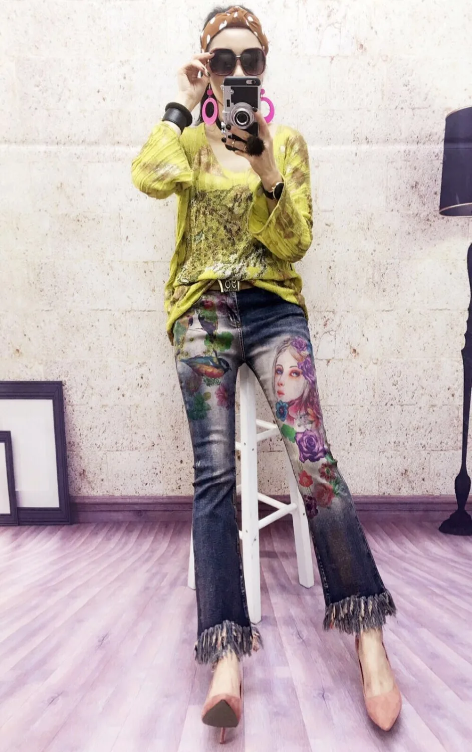 Stretch Pantaloni Alta Nappa Di Micro Jeans Bellezza Del Primavera Altoparlante Piedino Stampa Sottile Donna Larghi Vita Estate qgxTT0FZ
